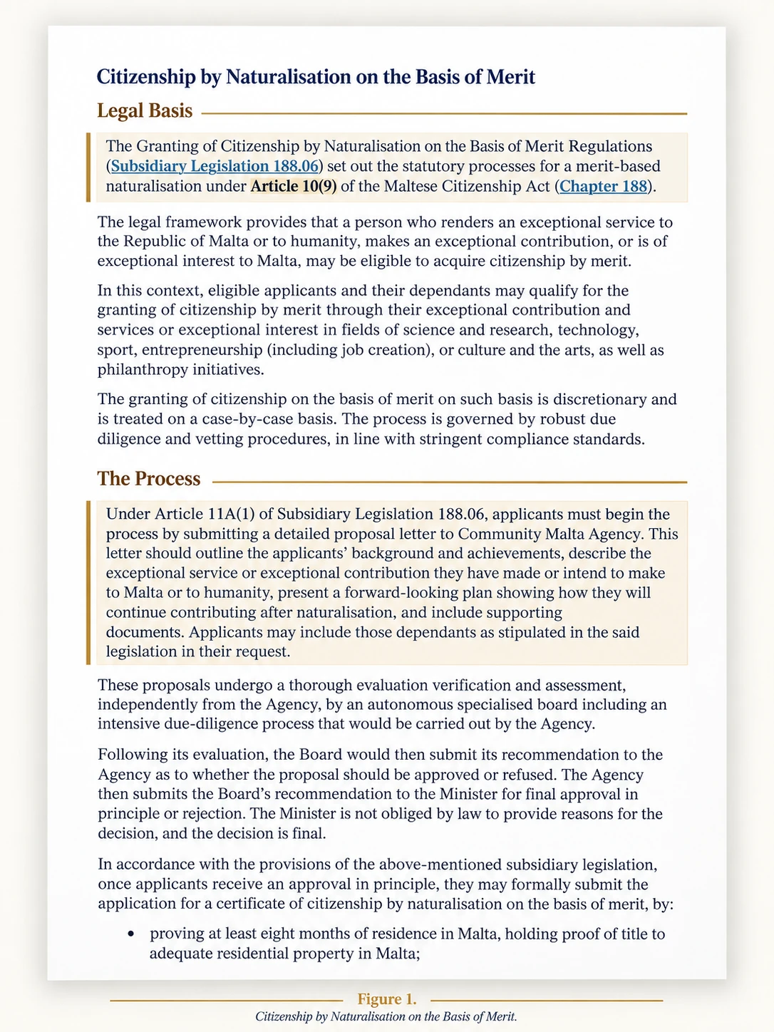 Community Malta Agency《Citizenship by Naturalisation on the Basis of Merit》官方说明文件截图：Legal Basis 与 The Process 章节，载明 S.L.188.06 与 Article 10(9) 法律依据及 proposal letter 程序