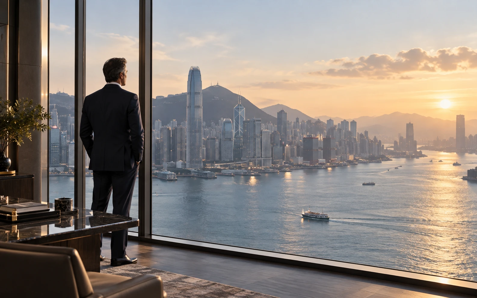 一名商务人士站在落地窗前俯瞰香港维多利亚港，象征高净值家庭的全球化跨境治理视角