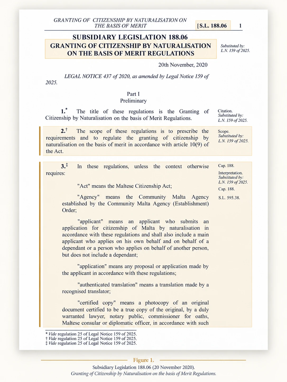 S.L. 188.06 官方首页截图：Granting of Citizenship by Naturalisation on the Basis of Merit Regulations（2020年11月20日，L.N. 437 of 2020，经 Legal Notice 159 of 2025 修订）