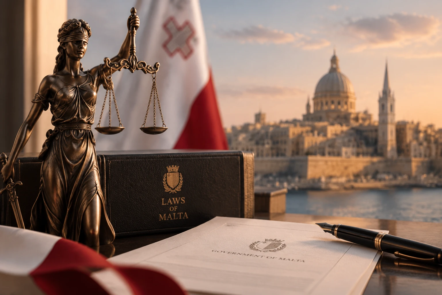 马耳他卓越规划入籍CBM现行法案解析研究封面：正义女神雕像、Laws of Malta 典籍、马耳他国旗与瓦莱塔天际线
