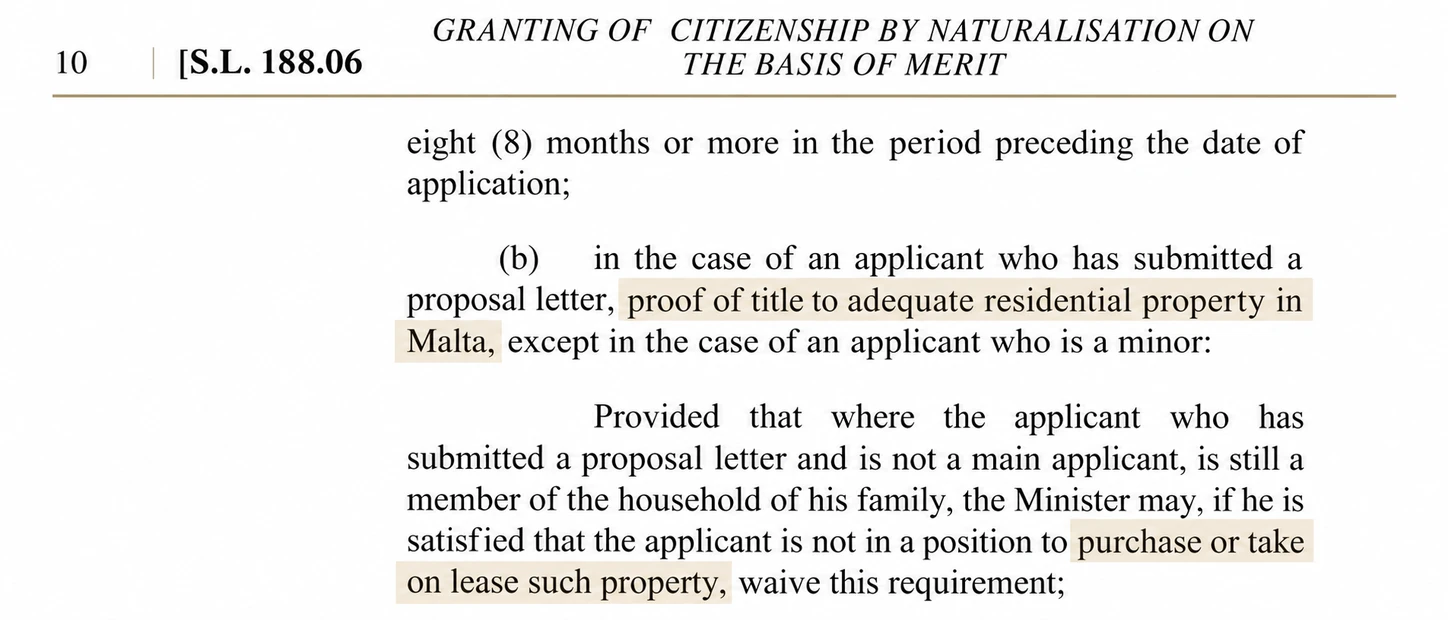 S.L. 188.06 Regulation 11B(1)(b) 条文摘录：提交 proposal letter 的申请人需提供马耳他 adequate residential property 权属证明