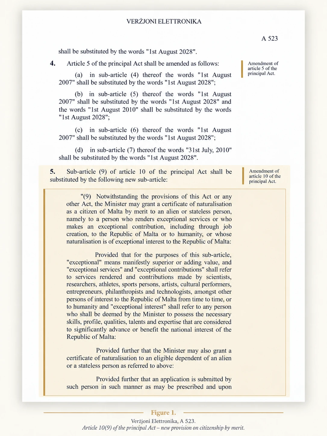 Act No. XXI of 2025 第5条官方截图：以新的第10(9)条替代原条文，明确 by merit 归化表述及 exceptional services、exceptional contributions、exceptional interest 的法律定义