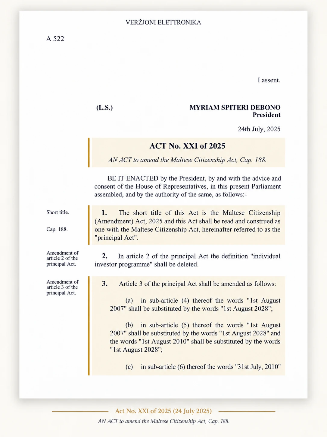 Act No. XXI of 2025 官方首页截图：《Maltese Citizenship (Amendment) Act, 2025》与《Maltese Citizenship Act, Cap. 188》合并解读，总统于2025年7月24日签署