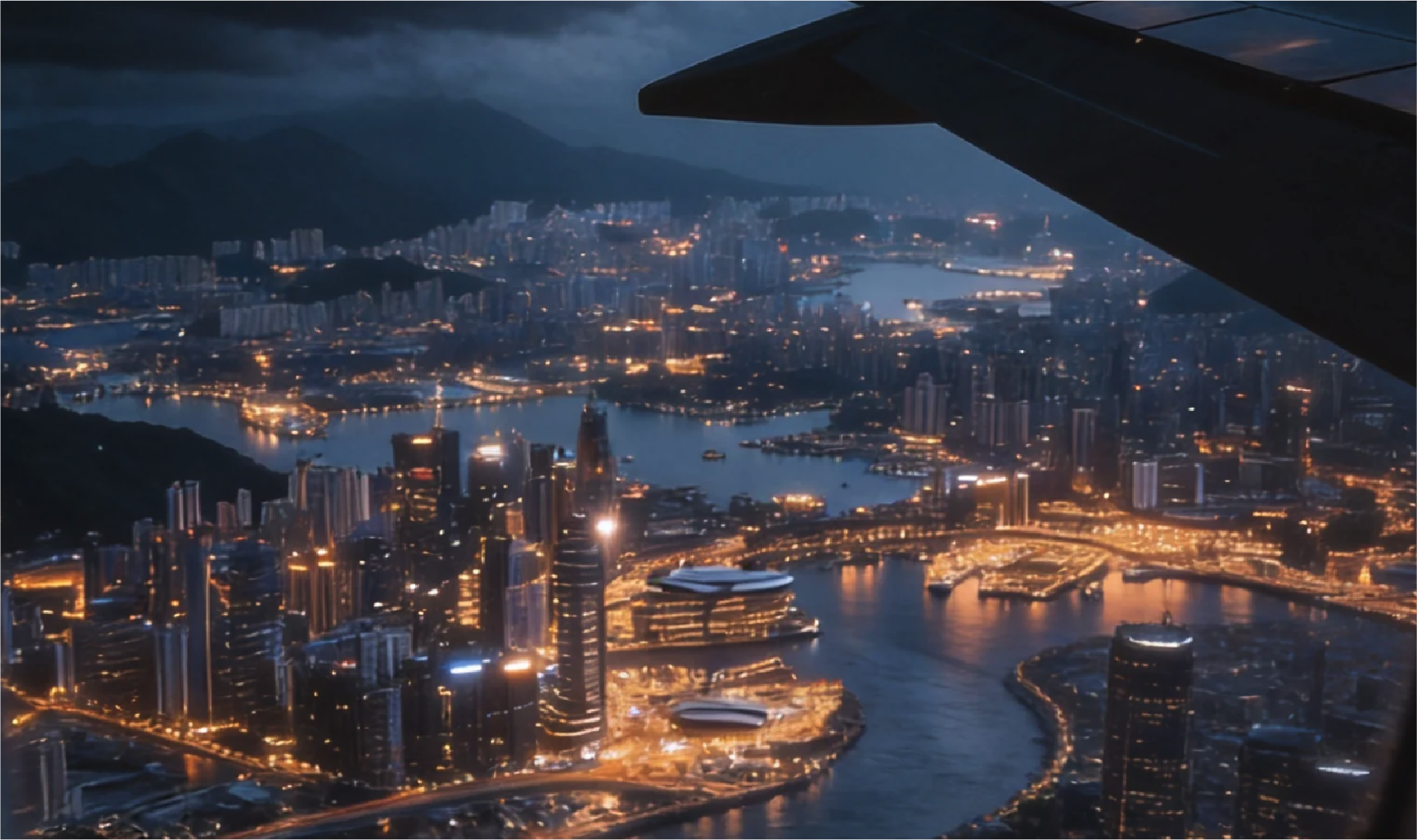 城市夜景与机翼