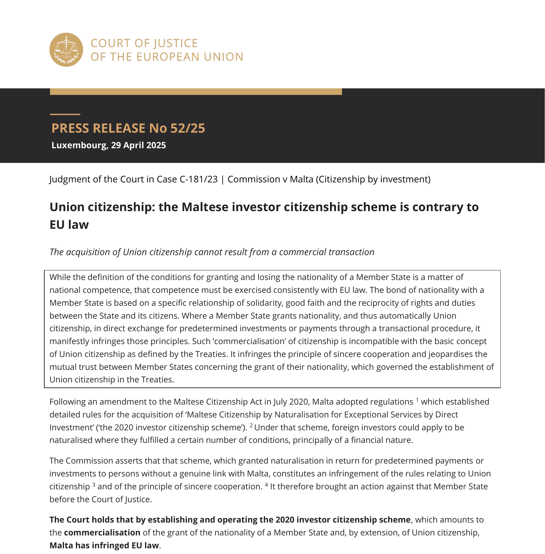Court of Justice of the European Union Press Release No 52/25 Case C-181/23
